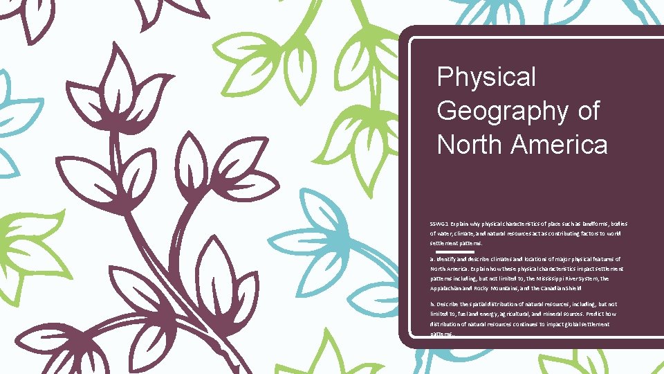 Physical Geography of North America SSWG 1 Explain why physical characteristics of place such