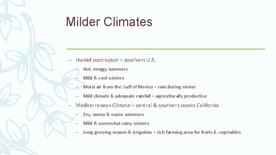 Milder Climates – Humid subtropical = southern U. S. – Hot, muggy summers –