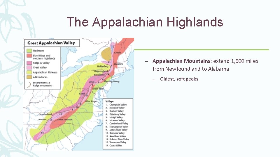 The Appalachian Highlands – Appalachian Mountains: extend 1, 600 miles from Newfoundland to Alabama