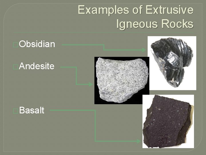 Examples of Extrusive Igneous Rocks �Obsidian �Andesite �Basalt 