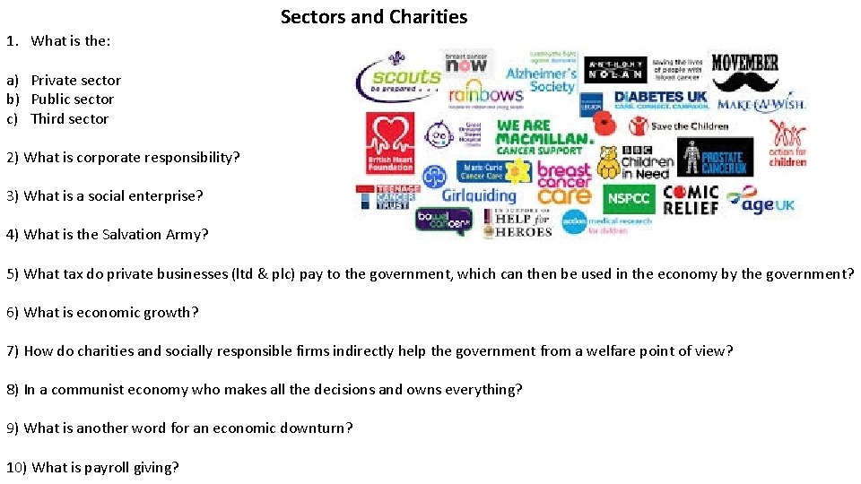 Sectors and Charities 1. What is the: a) Private sector b) Public sector c)