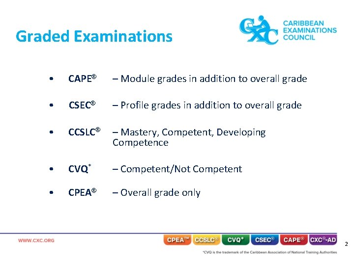 Graded Examinations • CAPE – Module grades in addition to overall grade • CSEC