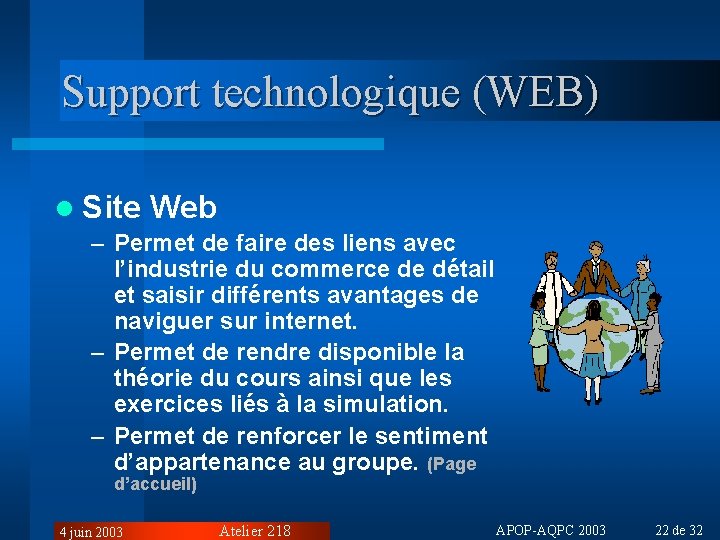 Support technologique (WEB) l Site Web – Permet de faire des liens avec l’industrie