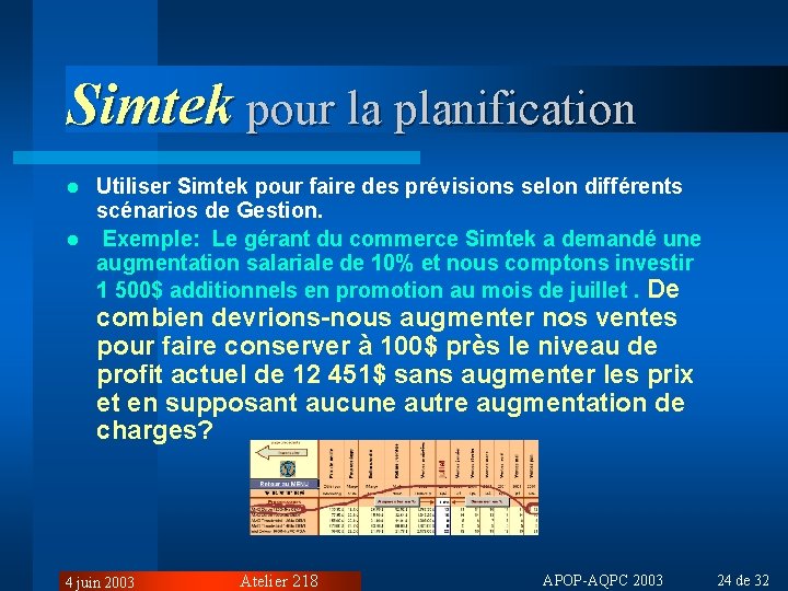 Simtek pour la planification Utiliser Simtek pour faire des prévisions selon différents scénarios de