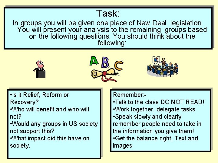 Task: In groups you will be given one piece of New Deal legislation. You