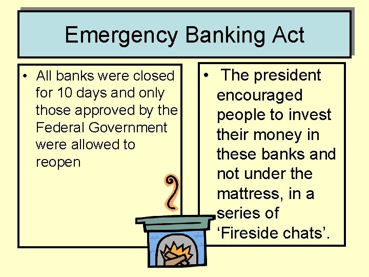 Emergency Banking Act • All banks were closed for 10 days and only those