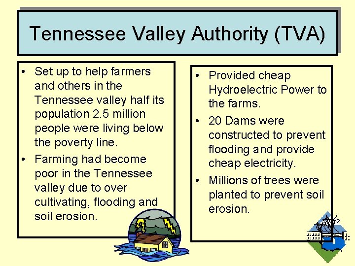 Tennessee Valley Authority (TVA) • Set up to help farmers and others in the