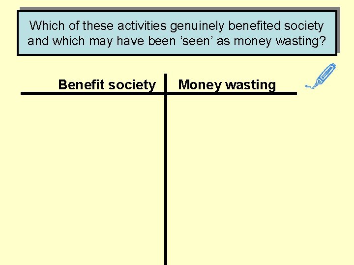 Which of these activities genuinely benefited society and which may have been ‘seen’ as