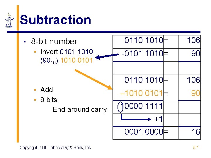 Subtraction ▪ 8 -bit number ▪ Invert 0101 1010 (9010) 1010 0101 ▪ Add