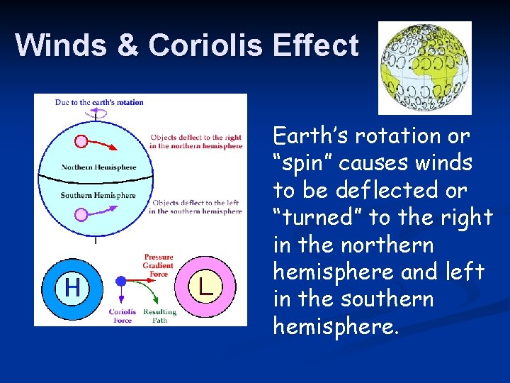 Winds & Coriolis Effect Earth’s rotation or “spin” causes winds to be deflected or Winds & Coriolis Effect Earth’s rotation or “spin” causes winds to be deflected or