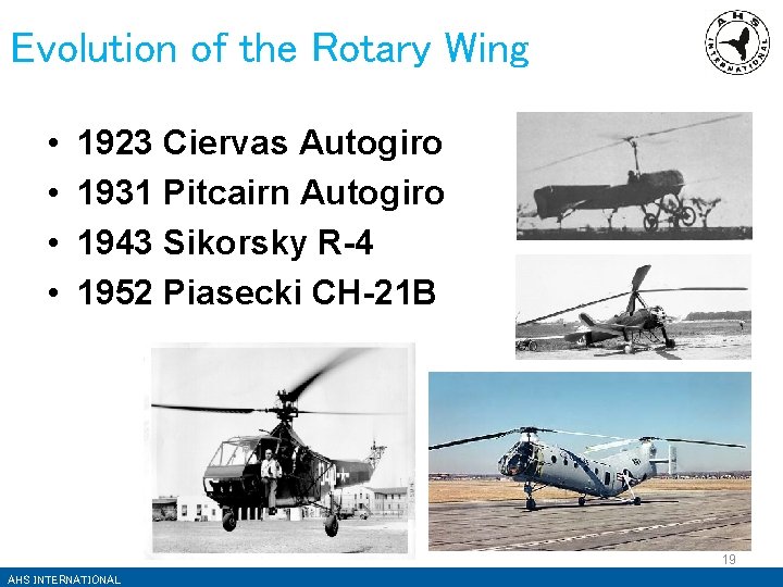 Evolution of the Rotary Wing • • 1923 Ciervas Autogiro 1931 Pitcairn Autogiro 1943