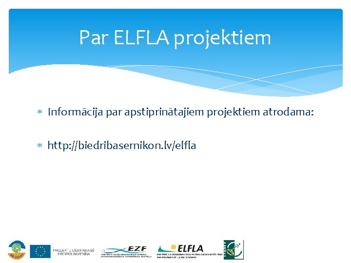 Par ELFLA projektiem Informācija par apstiprinātajiem projektiem atrodama: http: //biedribasernikon. lv/elfla 