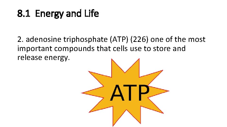 8. 1 Energy and Life 2. adenosine triphosphate (ATP) (226) one of the most