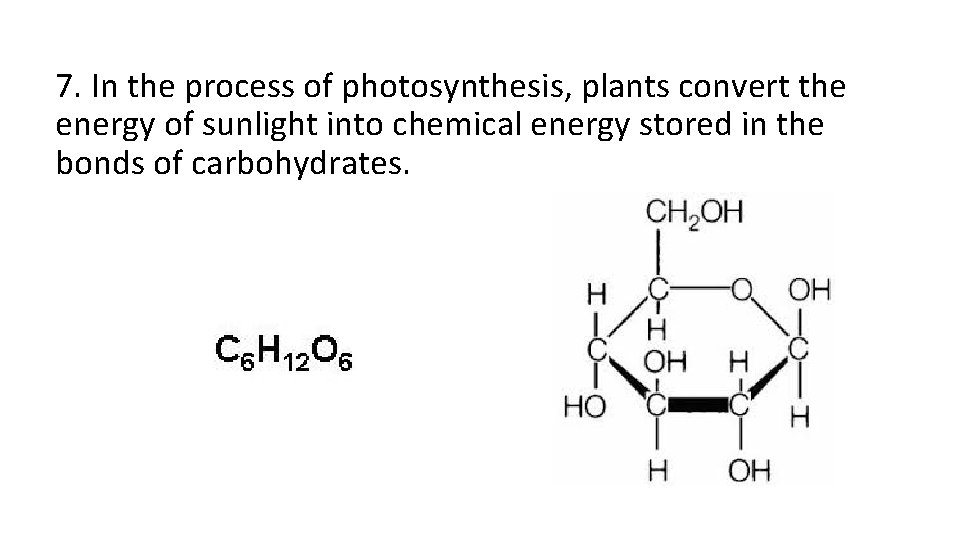 7. In the process of photosynthesis, plants convert the energy of sunlight into chemical