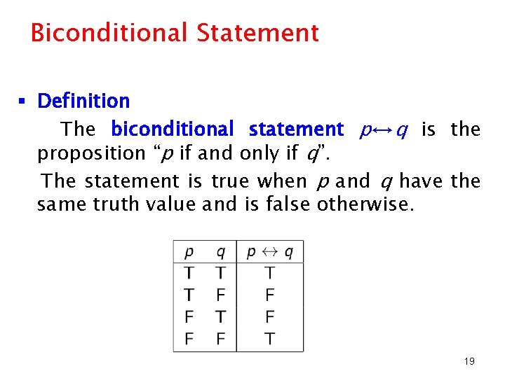 Biconditional Statement § Definition The biconditional statement p↔q is the proposition “p if and