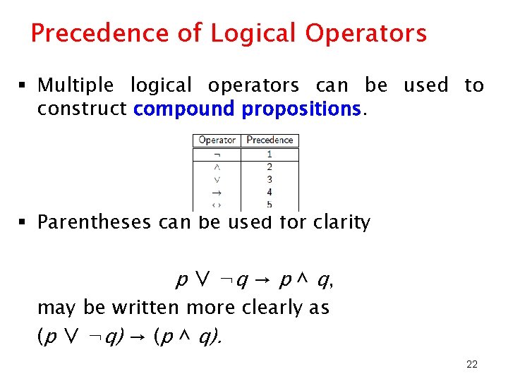 Precedence of Logical Operators § Multiple logical operators can be used to construct compound