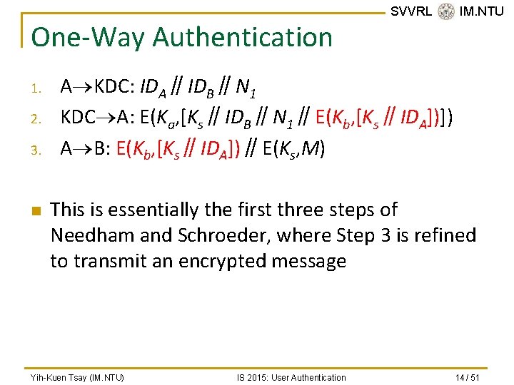 One-Way Authentication 1. 2. 3. n SVVRL @ IM. NTU A KDC: IDA∥IDB∥N 1