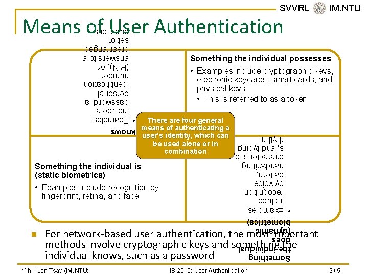SVVRL @ IM. NTU Means of User Authentication Something the individual possesses • Examples