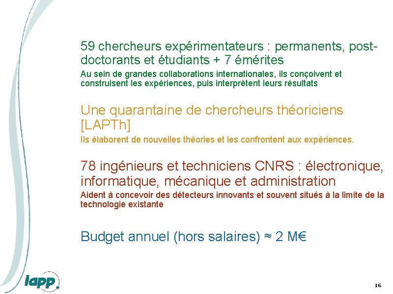 59 chercheurs expérimentateurs : permanents, postdoctorants et étudiants + 7 émérites Au sein de 59 chercheurs expérimentateurs : permanents, postdoctorants et étudiants + 7 émérites Au sein de