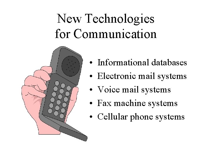 New Technologies for Communication • • • Informational databases Electronic mail systems Voice mail