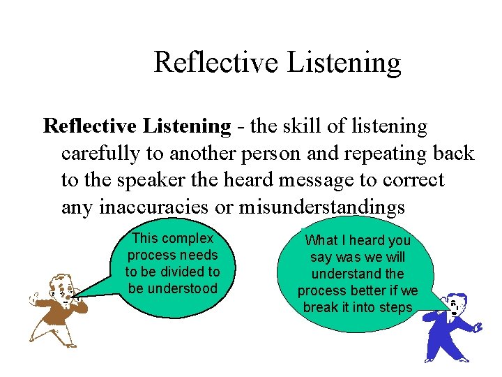 Reflective Listening - the skill of listening carefully to another person and repeating back