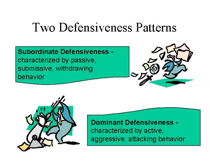Two Defensiveness Patterns Subordinate Defensiveness characterized by passive, submissive, withdrawing behavior Dominant Defensiveness characterized