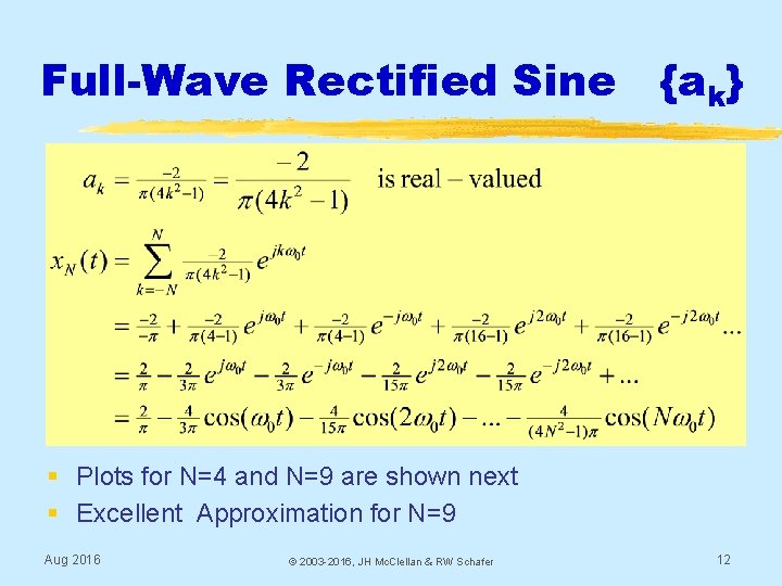 Full-Wave Rectified Sine {ak} § Plots for N=4 and N=9 are shown next §