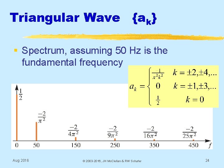 Triangular Wave {ak} § Spectrum, assuming 50 Hz is the fundamental frequency Aug 2016