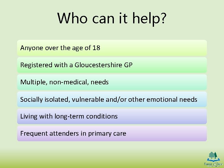Who can it help? Anyone over the age of 18 Registered with a Gloucestershire