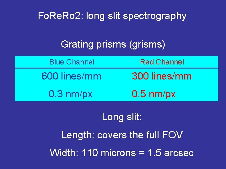 Fo. Re. Ro 2: long slit spectrography Grating prisms (grisms) Blue Channel Red Channel