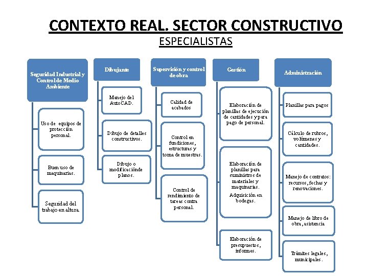 CONTEXTO REAL. SECTOR CONSTRUCTIVO ESPECIALISTAS Seguridad Industrial y Control de Medio Ambiente Dibujante Manejo