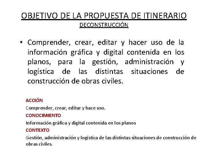 OBJETIVO DE LA PROPUESTA DE ITINERARIO DECONSTRUCCIÓN • Comprender, crear, editar y hacer uso