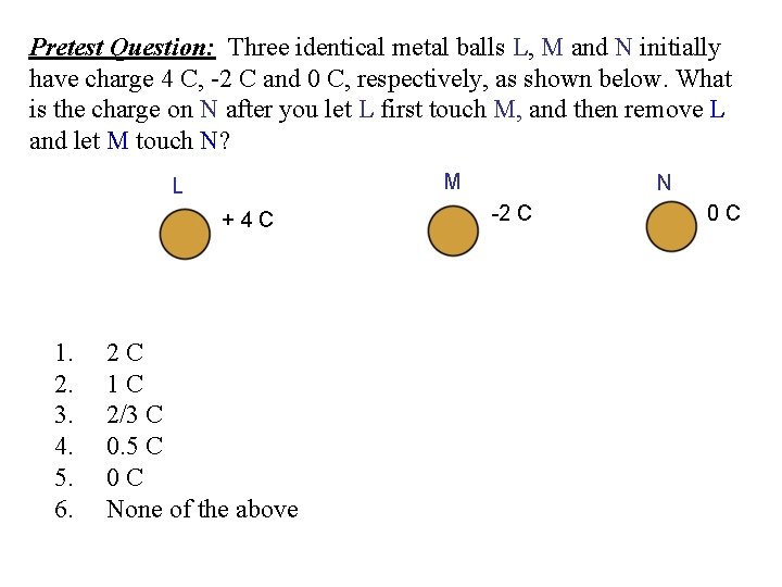 Pretest Question: Three identical metal balls L, M and N initially have charge 4