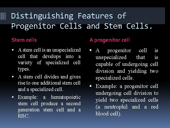 Distinguishing Features of Progenitor Cells and Stem Cells. Stem cells A progenitor cell A