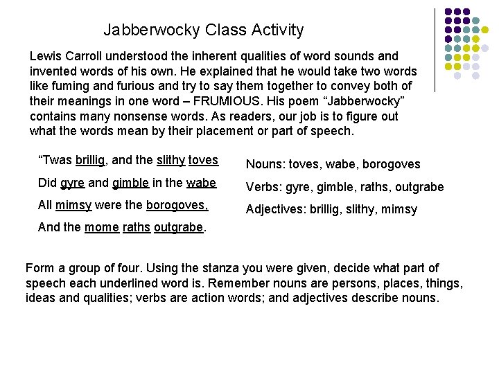 Jabberwocky Class Activity Lewis Carroll understood the inherent qualities of word sounds and invented