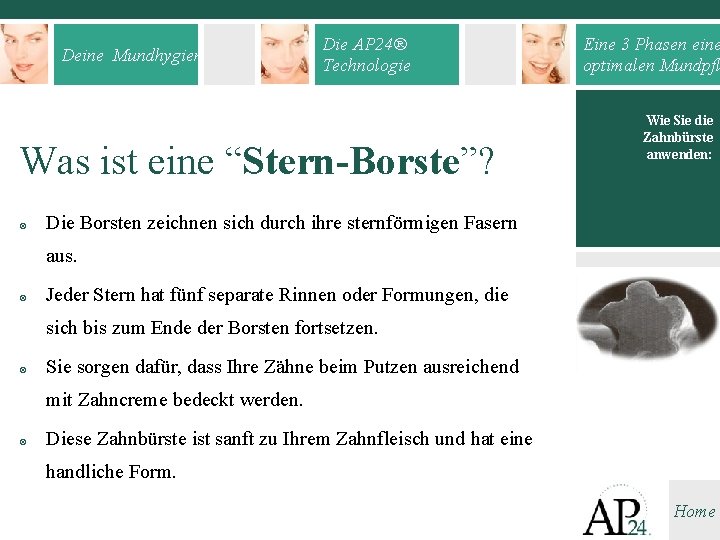 Deine Mundhygiene Die AP 24® Technologie Was ist eine “Stern-Borste”? ¤ Eine 3 Phasen