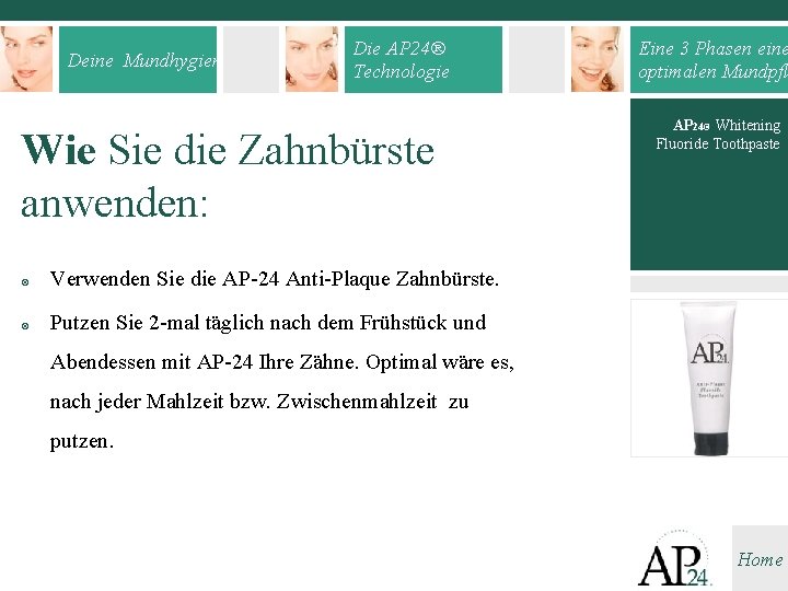 Deine Mundhygiene Die AP 24® Technologie Wie Sie die Zahnbürste anwenden: ¤ Verwenden Sie