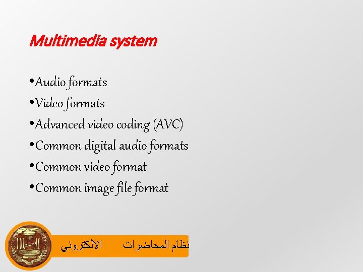 Multimedia system • Audio formats • Video formats • Advanced video coding (AVC) •