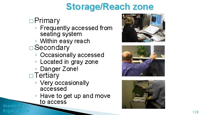 Storage/Reach zone � Primary ◦ Frequently accessed from seating system ◦ Within easy reach