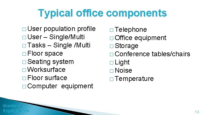 Typical office components � User population profile � User – Single/Multi � Tasks –