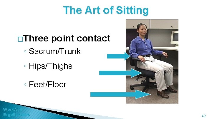 The Art of Sitting �Three point contact ◦ Sacrum/Trunk ◦ Hips/Thighs ◦ Feet/Floor Work.