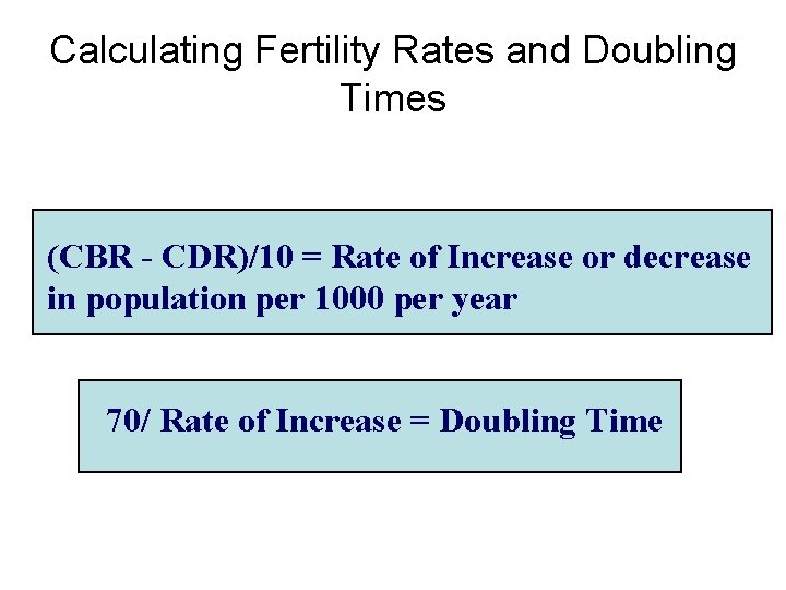 Calculating Fertility Rates and Doubling Times (CBR - CDR)/10 = Rate of Increase or