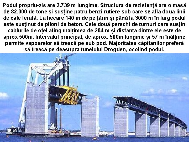 Podul propriu-zis are 3. 739 m lungime. Structura de rezistență are o masă de