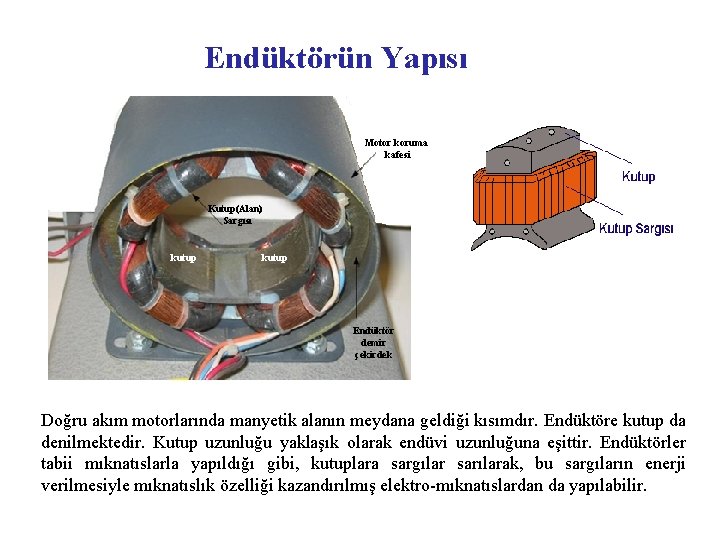 Endüktörün Yapısı Motor koruma kafesi Kutup(Alan) Sargısı kutup Endüktör demir çekirdek Doğru akım motorlarında