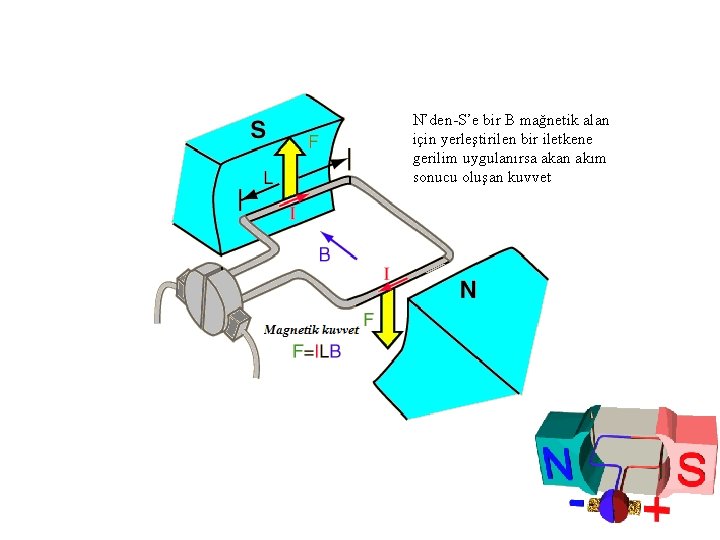 N’den-S’e bir B mağnetik alan için yerleştirilen bir iletkene gerilim uygulanırsa akan akım sonucu
