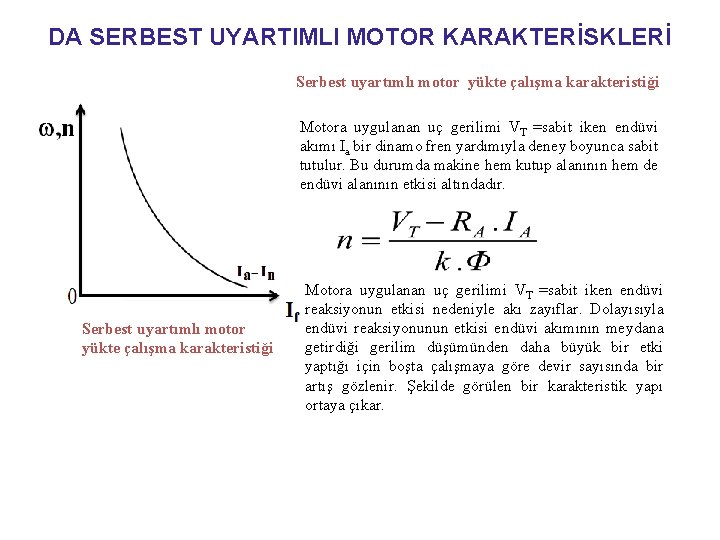 DA SERBEST UYARTIMLI MOTOR KARAKTERİSKLERİ Serbest uyartımlı motor yükte çalışma karakteristiği Motora uygulanan uç