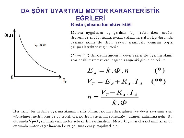 DA ŞÖNT UYARTIMLI MOTOR KARAKTERİSTİK EĞRİLERİ Boşta çalışma karakteristiği Motora uygulanan uç gerilimi VT