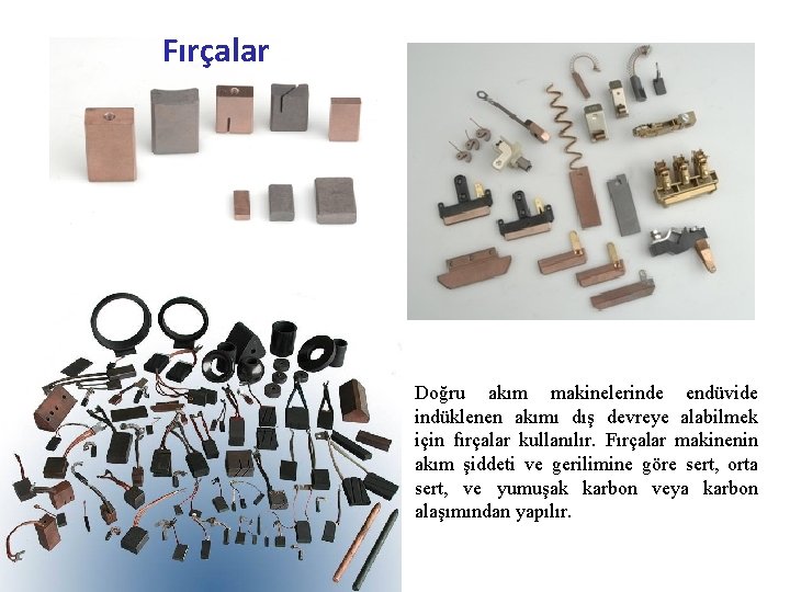 Fırçalar Doğru akım makinelerinde endüvide indüklenen akımı dış devreye alabilmek için fırçalar kullanılır. Fırçalar