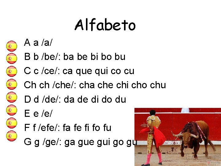 Alfabeto A a /a/ B b /be/: ba be bi bo bu C c