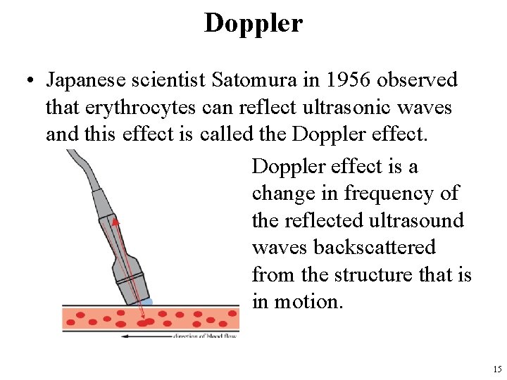 Doppler • Japanese scientist Satomura in 1956 observed that erythrocytes can reflect ultrasonic waves